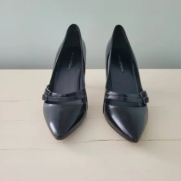 Via Spiga Black Patent Leather Stiletto Heels Double Buckle Pumps 9.5 - Picture 7 of 14